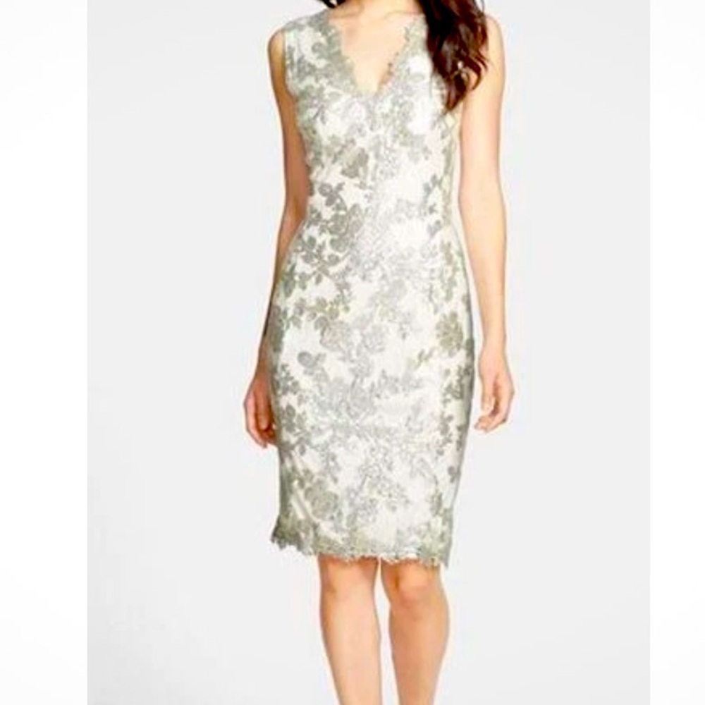 Tadashi Shoji Sequined Palette Embroidered Lace V Neck Sheath Dress